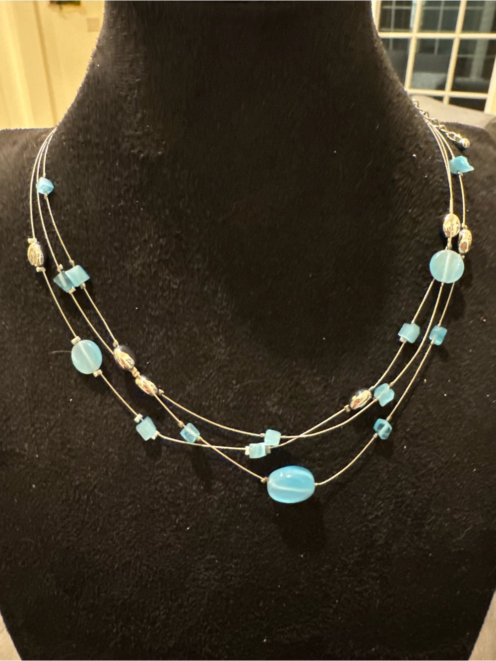 Lia Sophia Blue Beaded Multi Strand Silver Tone Necklace Adjustable